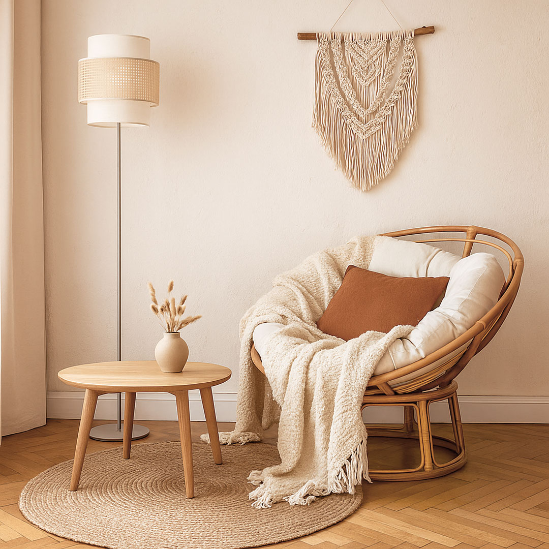 Lampa stojąca rattanowa boho w kolorze złamanej bieli, podwójny abażur - LIAM - BPS Koncept zdjęcie 2