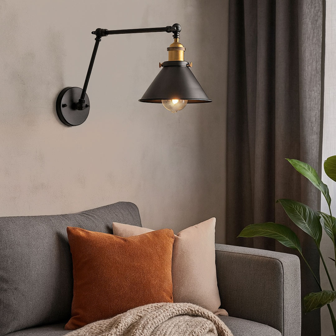 Loftowy czarny kinkiet GUBI W2 metalowy klosz stożek, regulowany, do czytania - Lumina Deco zdjęcie 2