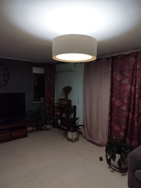 Kremowa lampa wisząca z okrągłymi kloszami z lnianej tkaniny BOHO + blenda VIVIENNE