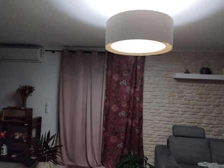 Kremowa lampa wisząca z okrągłymi kloszami z lnianej tkaniny BOHO + blenda VIVIENNE