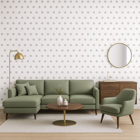 Biała tapeta w szare kropki, groszki, polka dot 5 cm