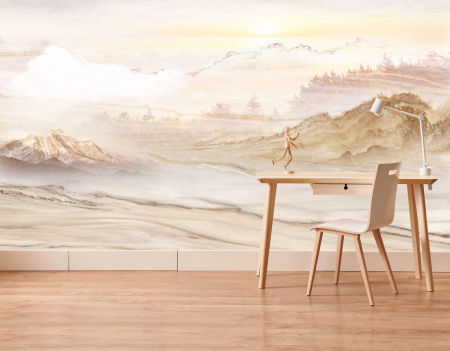 Beżowa fototapeta PIASKOWA PUSTYNIA wschód słońca, góry, las, styl boho