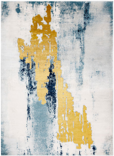 Artystyczny dywan glamour, niebieski, złoty, żółty, kolorowe pociągnięcia pędzlem, styl nowoczesny oraz vintage