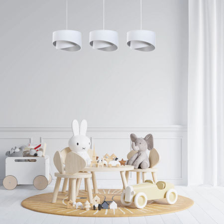 Asymetryczna lampa sufitowa na listwie biało-srebrna, skandynawska z abażurami z weluru