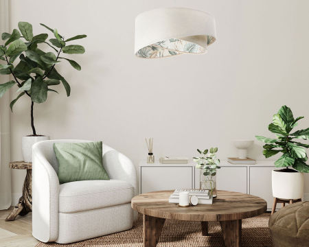 Asymetryczna lampa wisząca boho, kremowa tkanina z roślinnym wnętrzem w liście - EVA