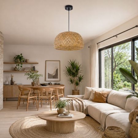 Ażurowa lampa wisząca z bambusa do salonu, pleciona naturalna boho - MAURO
