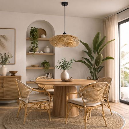 Bambusowa lampa wisząca boho, pleciony ażurowy abażur naturalny, do salonu i jadalni - LOTA