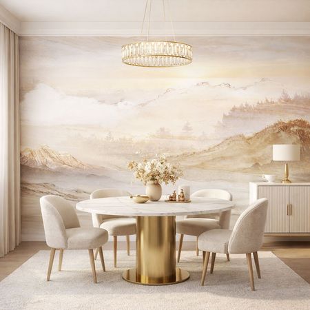 Beżowa fototapeta PIASKOWA PUSTYNIA wschód słońca, góry, las, styl boho