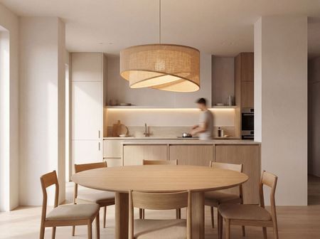 Beżowa lampa wisząca boho, asymetryczny abażur jutowy, oświetlenie salonu i jadalni - VITA