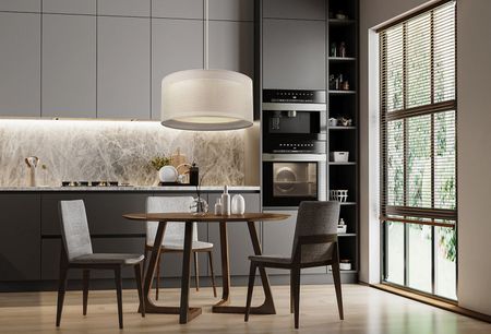 Beżowa lampa wisząca lniana z podwójnym abażurem boho, nastrojowa lampa do sypialni - DUO LEN