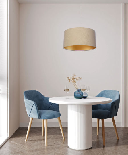 Beżowa lampa wisząca z abażurem z weluru w kształcie walca ze złotym wnętrzem NIGELLA