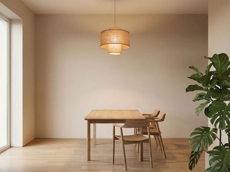 Beżowa nowoczesna lampa nad stół, abażur z tkaniny jutowej, do salonu i jadalni boho - TWIN