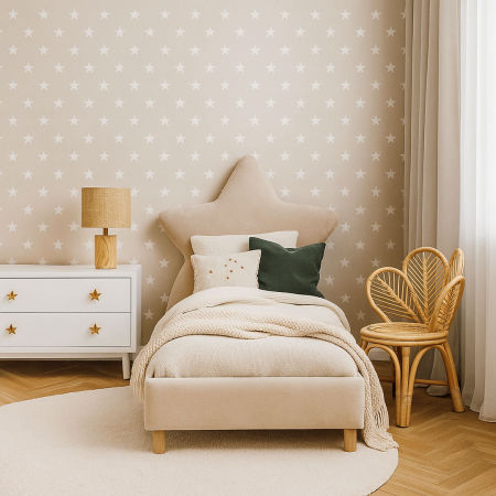 Beżowa tapeta w gwiazdki białe 5 cm