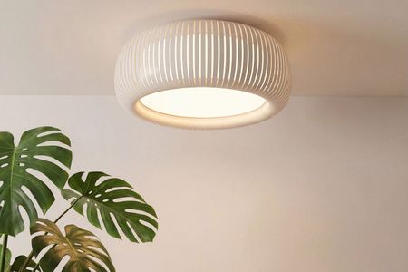 Beżowo-biała lampa sufitowa w stylu Space Age, retro plafon do salonu i przedpokoju - OBLO