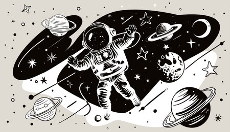 Beżowo-czarna tapeta dla dzieci ASTRONAUTA W KOSMOSIE - planety, gwiazdy i księżyc