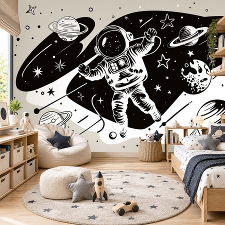Beżowo-czarna tapeta dla dzieci ASTRONAUTA W KOSMOSIE - planety, gwiazdy i księżyc