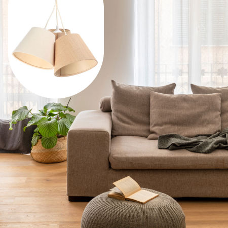 Beżowo-kremowa lampa wisząca, potrójna z kloszami z lnu i tkaniny jutowej w kształcie stożka BOHO