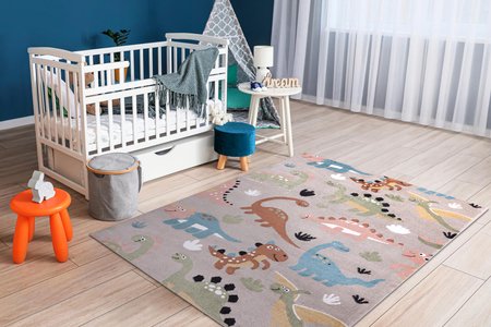 Beżowy dywan dla dzieci w DINOZAURY, kolorowy dywan do pokoju chłopca - FUN