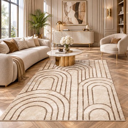 Beżowy dywan w brązowe łuki, geometryczny wzór Art Deco glamour - ALLURE