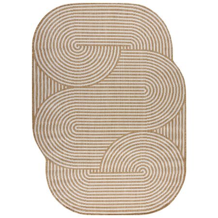 Beżowy dywan w kremowe paski, zaokrąglony w stylu boho japandi, na taras i do salonu - ORGANIC
