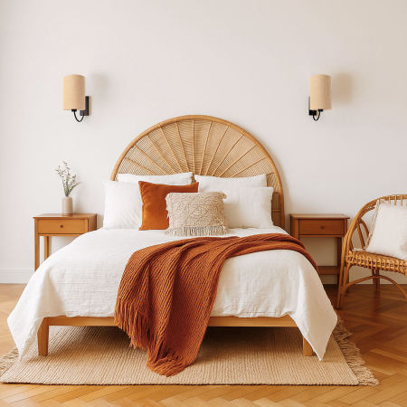 Beżowa lampka ścienna z walcowym, jutowym abażurem BOHO