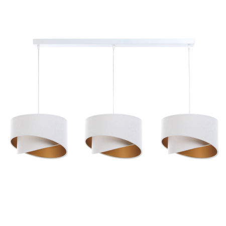 Biała lampa nad stół z welurowymi abażurami, asymetryczny design glamour ze złotym wnętrzem