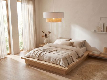 Biała nowoczesna lampa wisząca, oświetlenie mieszkania z juty, styl boho glamour - DUO