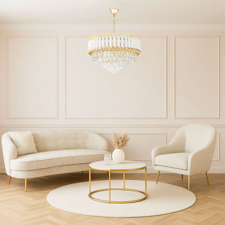 Biało-złoty, elegancki kryształowy żyrandol, na łańcuchu MAZINI