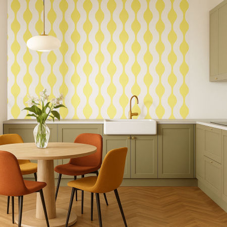 Biało-żółta tapeta w pionowy wzór oko