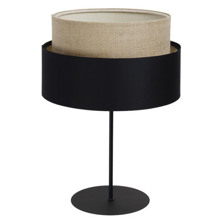 BOHO elegancja, beżowo-czarna lampka nocna z podwójnym abażurem z juty i satyny