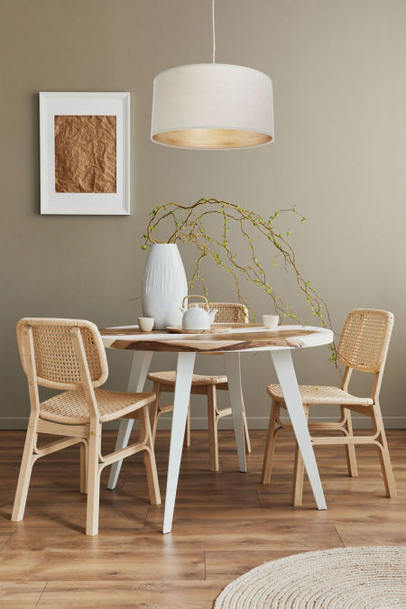 Boho lampa wisząca, kremowy abażur o lnianej strukturze z efektem drewna wewnątrz - EMA