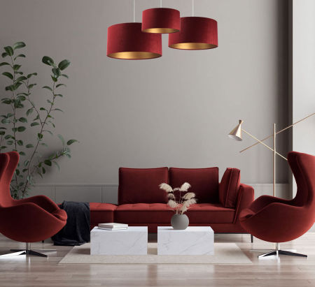 Bordowo-złota lampa wisząca z okrągłym, walcowym kloszem z weluru LAWIERA
