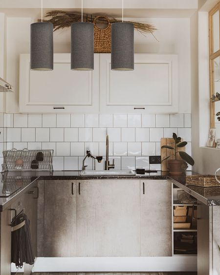 Brązowa BOHO lampa wisząca potrójna z lnu na listwie tuby, nad wyspę kuchenną, nad stół