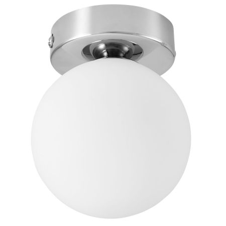 Chromowana lampa sufitowa, plafon lub kinkiet ścienny, pojedyncza biała kula - MARSIADA W1