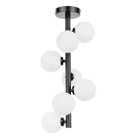 Czarna lampa sufitowa, białe szklane klosze kule, pionowy żyrandol - PETRICA W7