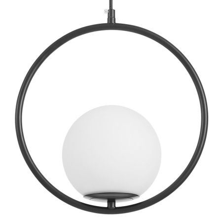 Czarna lampa wisząca, biały szklany klosz kula, metalowa rama, czarny okrąg - VERO 1A