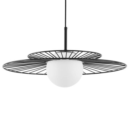 Czarna lampa wisząca, druciana metalowa oprawa, biały szklany klosz kula, loft, designerska - SOLARIS