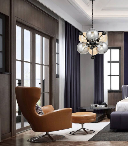 Nowoczesna lampa wisząca, na łańcuchu AFRODIS W6, bursztynowe i dymione klosze, szklana