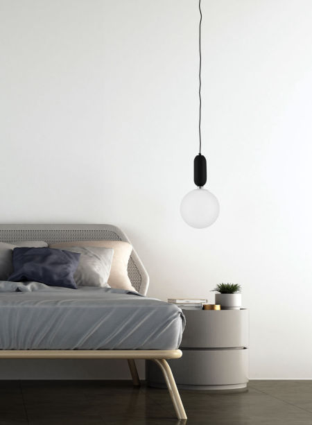 Czarno-biała lampa wisząca kula, prosty pojedynczy zwis, biały szklany klosz - ORITO