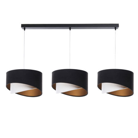 Czarno-biała potrójna lampa nad stół z asymetrycznymi abażurami i złotym wykończeniem