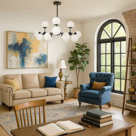 Czarno-biały żyrandol, designerska lampa wisząca, białe szklane klosze kule - ZODIAK W12