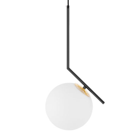 Czarno-złota lampa wisząca, biała kula, szklany klosz, metalowe ramię, FRANCUSKIE ZŁOTO - SORENTO