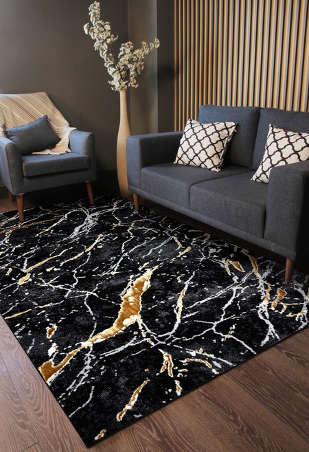 Czarny dywan marmur złote żyłki, elegancki chodnik nowoczesny styl glamour loft - ALLURE