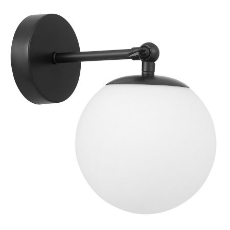 Czarny kinkiet, kula biała, okrągły klosz szklany, pojedyncza lampa ścienna - FREDICA W1