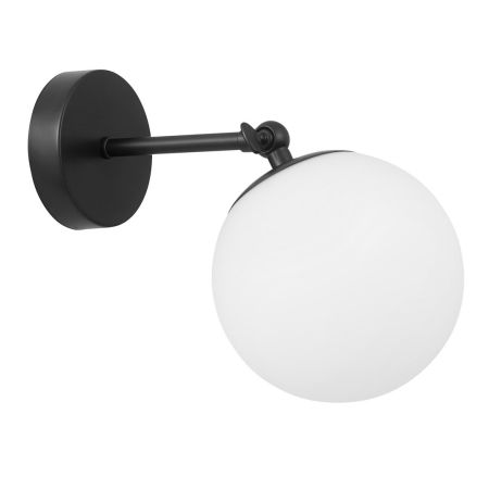 Czarny kinkiet, kula biała, okrągły klosz szklany, pojedyncza lampa ścienna - FREDICA W1