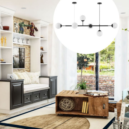 Czarny żyrandol, kule, lampa wisząca, belka pozioma, dwie okrągłe podsufitki - FINO