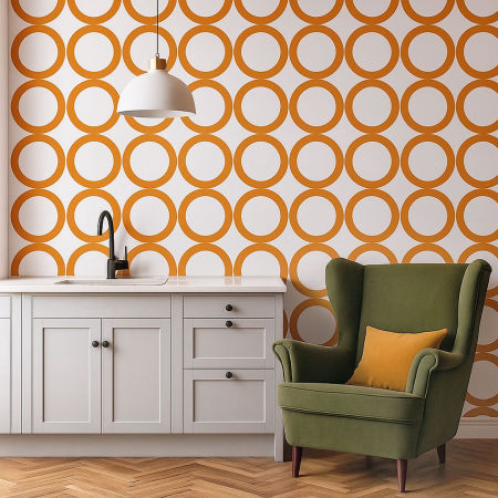 Biała tapeta w pomarańczowe kółka, koła, okręgi