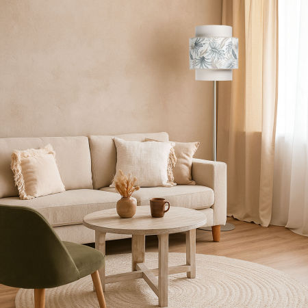 Dekoracyjna lampa podłogowa boho w kolorze kremowym, podwójny abażur w liście tropikalne - TENA