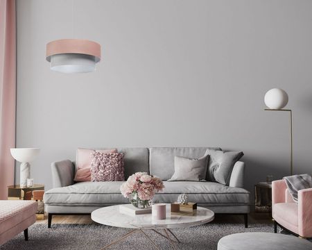 Delikatna lampa do salonu pudrowy róż, welurowa, podwójny abażur różowo-szary - JASMINE BEBE
