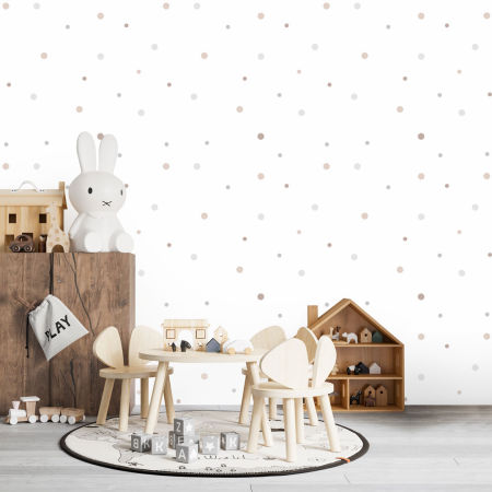 Delikatna tapeta do pokoju dziecka, biała w beżowe i szare kropki, groszki - NIKO